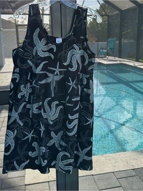 Coastal Starfish Print Black/White/Gray Cotton Casual Dress/Beach CoverUp, Sz.L